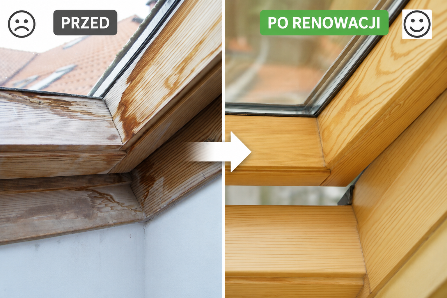 Renowacja okna dachowego VELUX przed i po — Wrocław